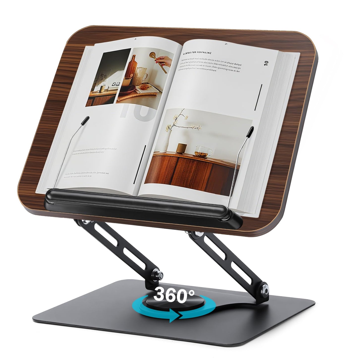 360° Rotating Book Stand for Reading, Adjustable Foldable Book Holder for Reading, Cooking, Office, Compatible with Cookbooks, Textbooks, Tablets, Sheet Music, and Laptops (Black Walnut)