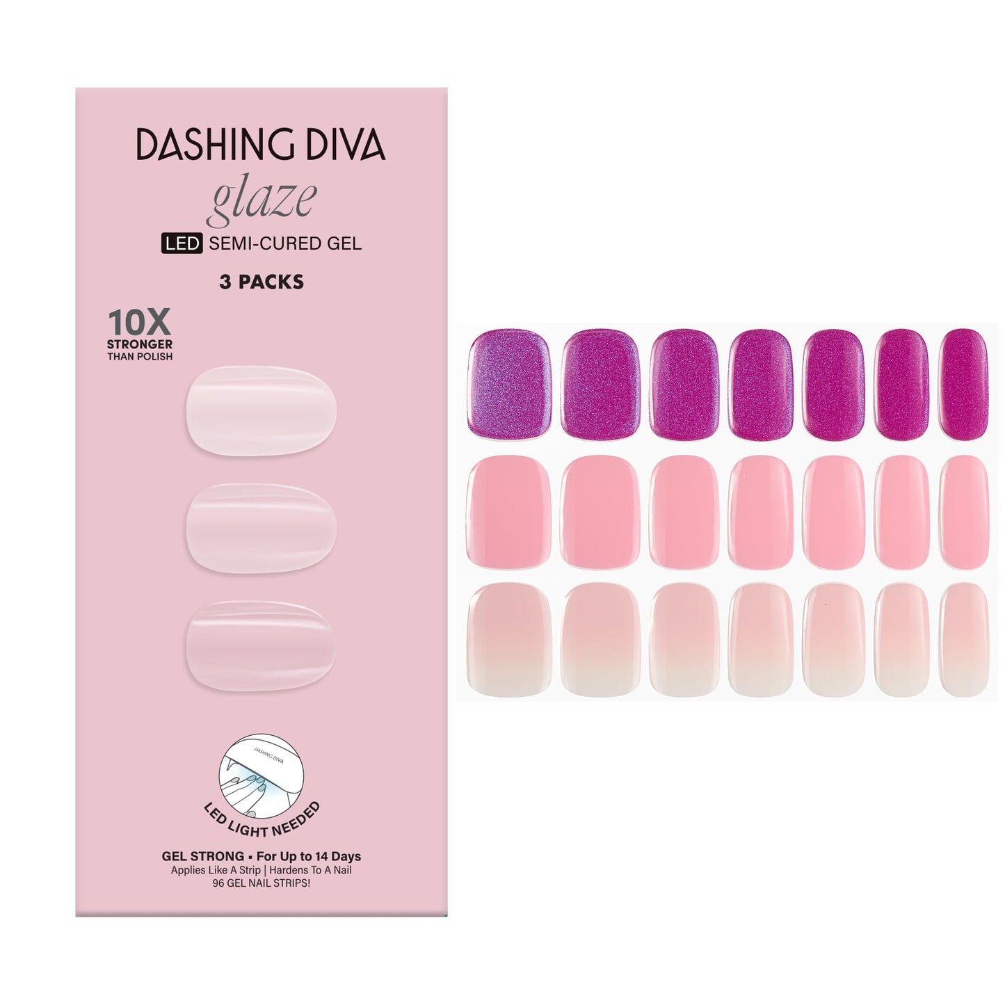 Dashing Diva Glaze Nail Strip 3-in-1 Kit - Best of Pinks - Long Lasting, Chip Resistant, Semi-Cured Gel Nail Strips - Contains 96 strips, 3 prep pads, 3 manicure sticks, 1 nail file