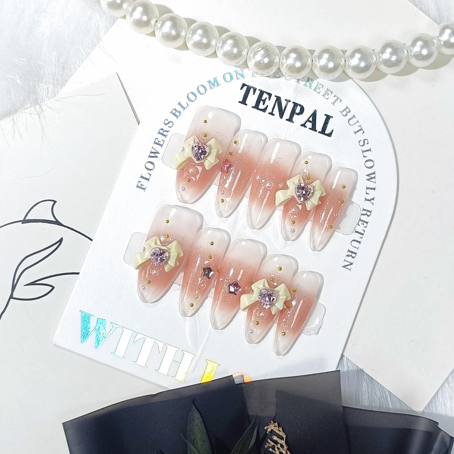TENPAL Long Almond Press on Nails Handmade Nude Nails Press ons Acrylic False Nails With Bow Beads Decorations 10pcs/Box Sweet Cute Stiletto Artificial Fake Nails With Tools Ballet Pink Nails(XS)