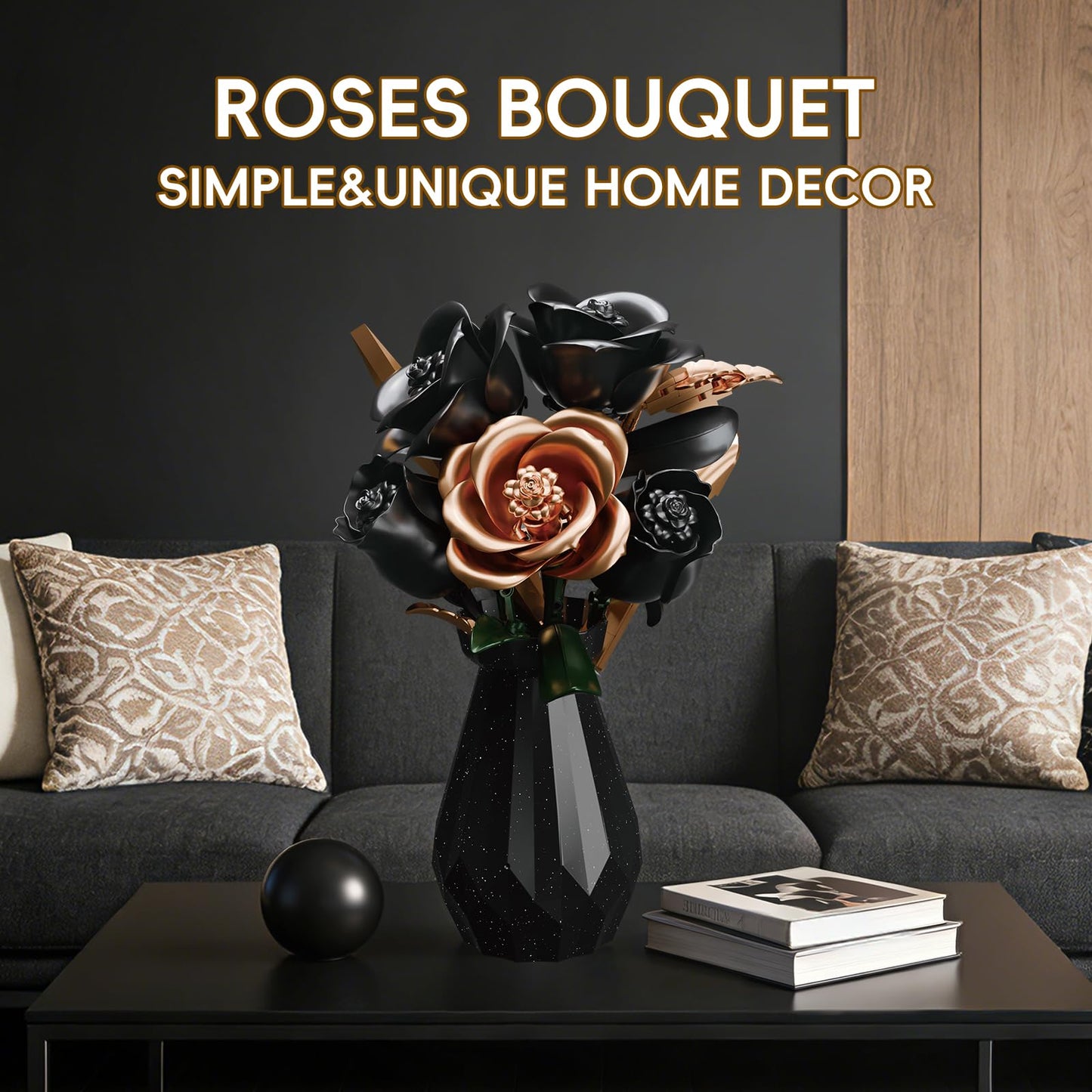 APENGBAOL Black Roses Flower Bouquet Building Set with Vase - 255 Pcs Botanical Collection with Rose Gold Accent Artificial Floral Centerpiece Gothic Home Decor Gift for Adults