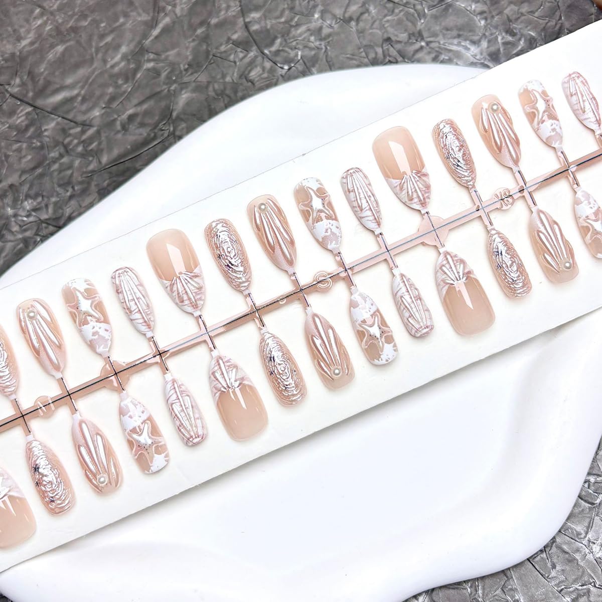 30Pcs Summer Press on Nails Medium Almond Fake Nails with 3D Starfish Water Ripple Designs Ocean Shell French Tip False Nails White Sea Wave Acrylic Nails Beach Vacation Stick on Nails for Women Girls