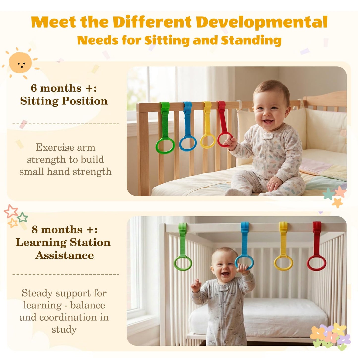 LBOYO 8Pcs Baby Playpen Pull up Rings, Premium Baby Pull up Rings for Play Pen Standing up, Plastic Safety Walking Exercises Assistant Rings for Infants Babies Toddler, 4 Colors.