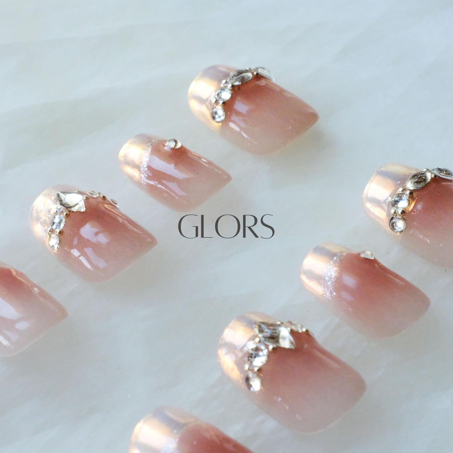 [GLORS] Purely Handmade Press On Nails | Moon Dream - French-style Pink Nail Tips with Diamond | Salon Quality Fake False Nails in Short Square 10 pieces (Medium, SS)