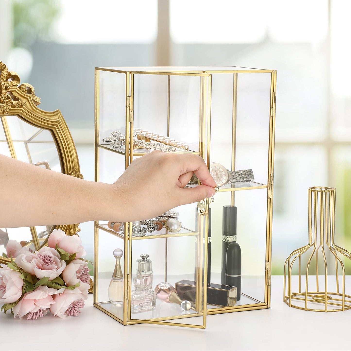 ELLDOO 5 Slots Clear Glass Storage Box, Gold Jewelry Makeup Display Organizer Case, Decorative Tower Box Storage for Trinket Perfume Lipstick Figure Statue Toy Display