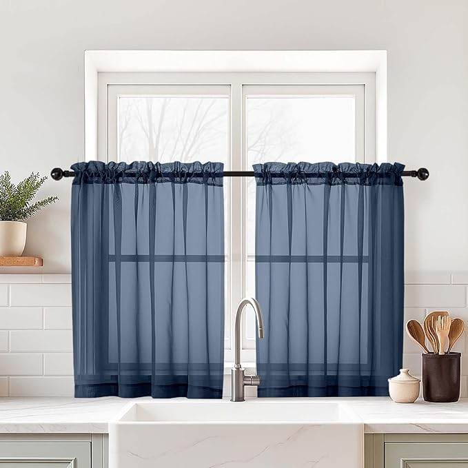 Navy Blue Sheer Curtains Tier 30 Inches Length 2 Panels, Light Filtering Lightweight Soft Window Treatments Drapes, Cute Elegant Cafe Curtains for Nursery, Dual Rod Pocket, 2x42Wx30L Inches