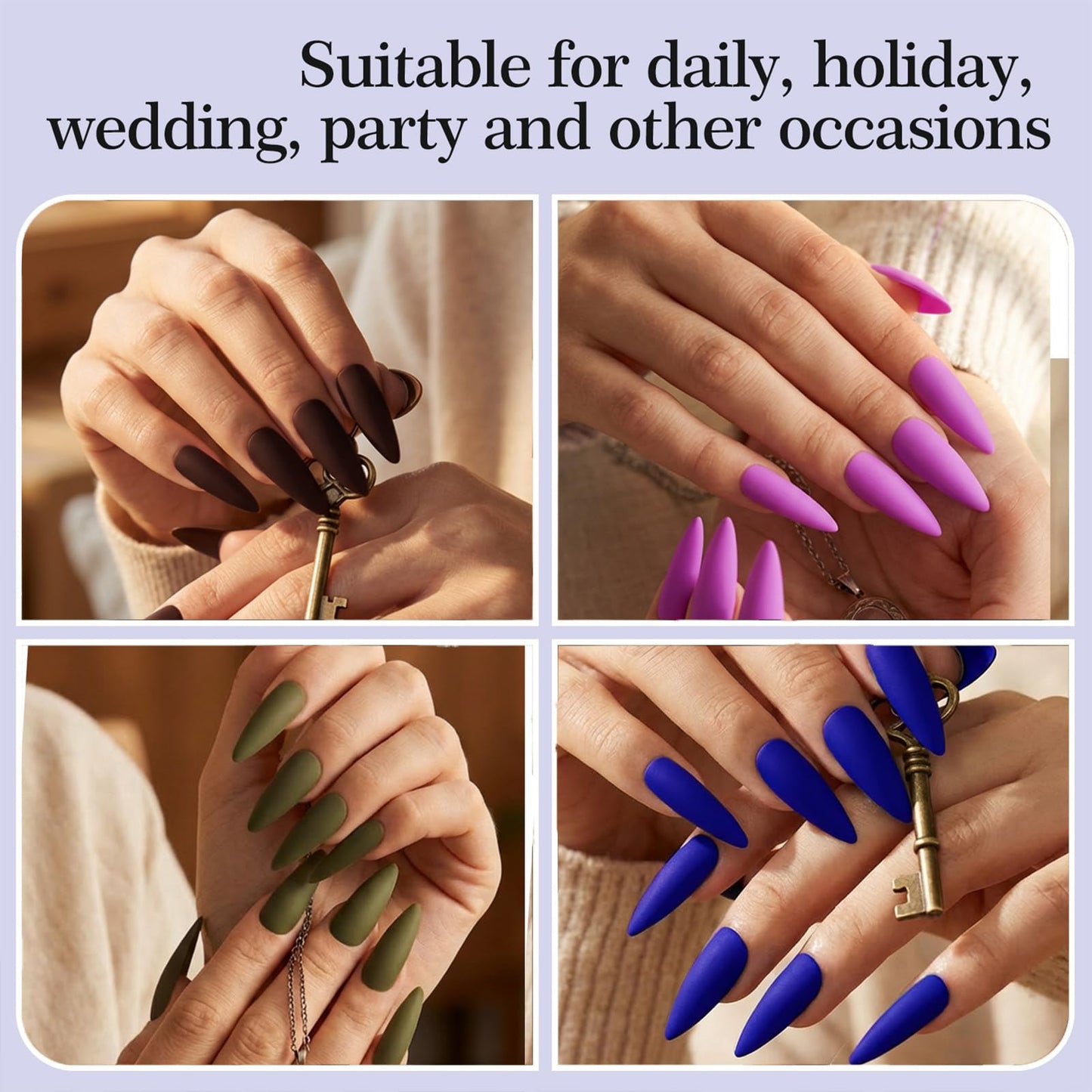 216 Pcs Press on Nails Stiletto Nail Press ons in 9 Colors Long Fake Nails in 12 Sizes Mate False Nails Full Cover Stick on Nails for Women Manicure