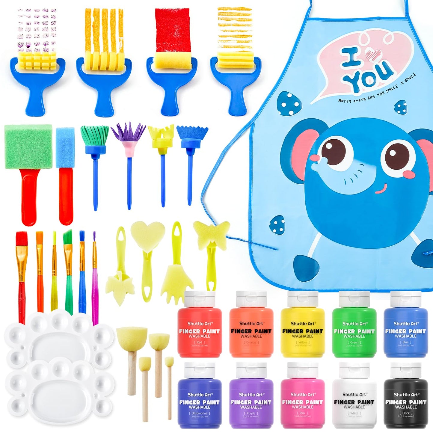 Shuttle Art Washable Finger Paint Set, 37 PCS with 10 Colors (2 fl oz) Non-Toxic Toddler Paint, Paint Brushes, Sponge, Smock, Toddler Art Supplies