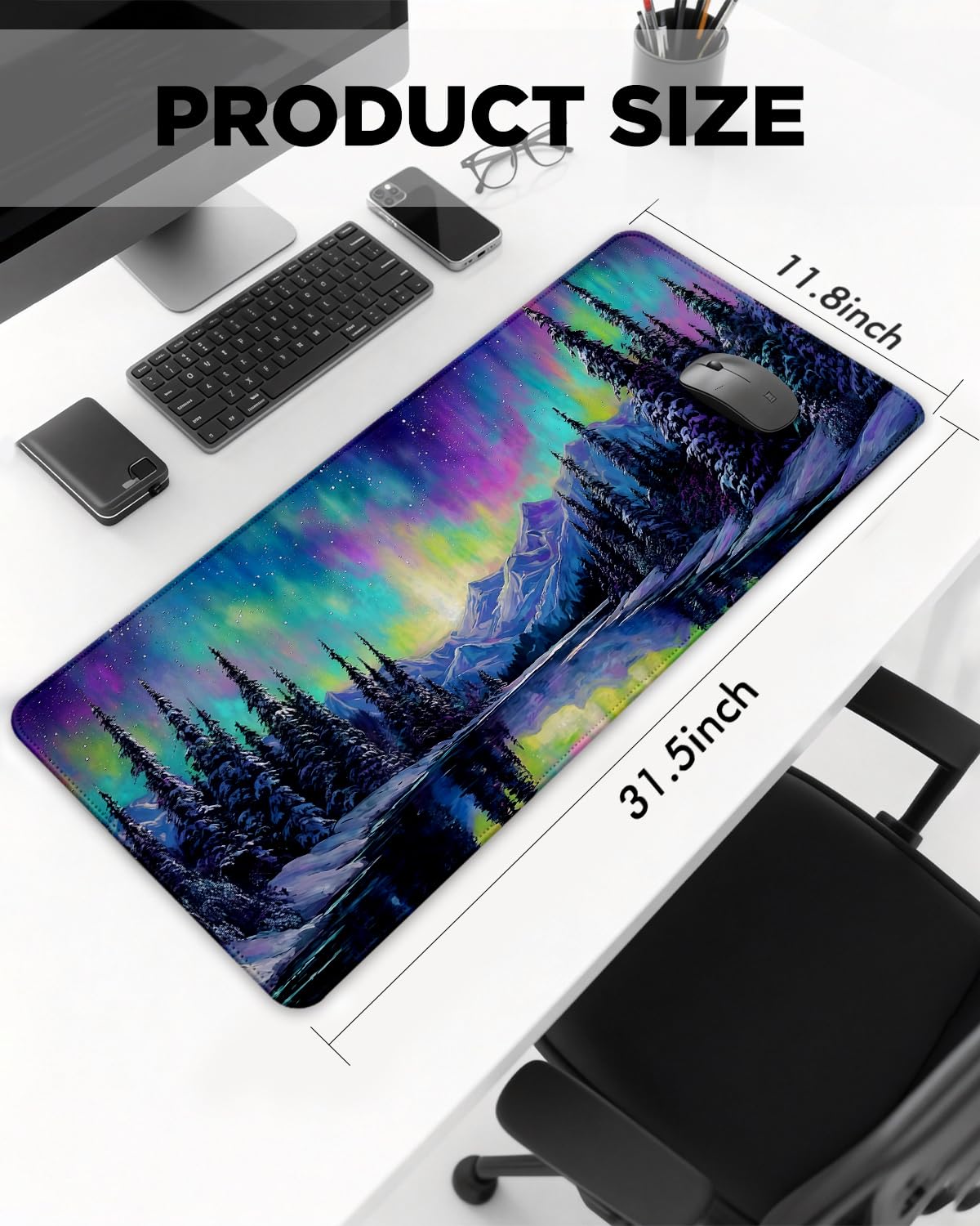 GooodiderX Mouse Pad, Scenery Mousepad, Large Size 31.5x11.8in, Mouse Pads with Stitched Edge & Rubber Non-Slip Bottom, Designed for Gaming, Home, Office (Aurora)