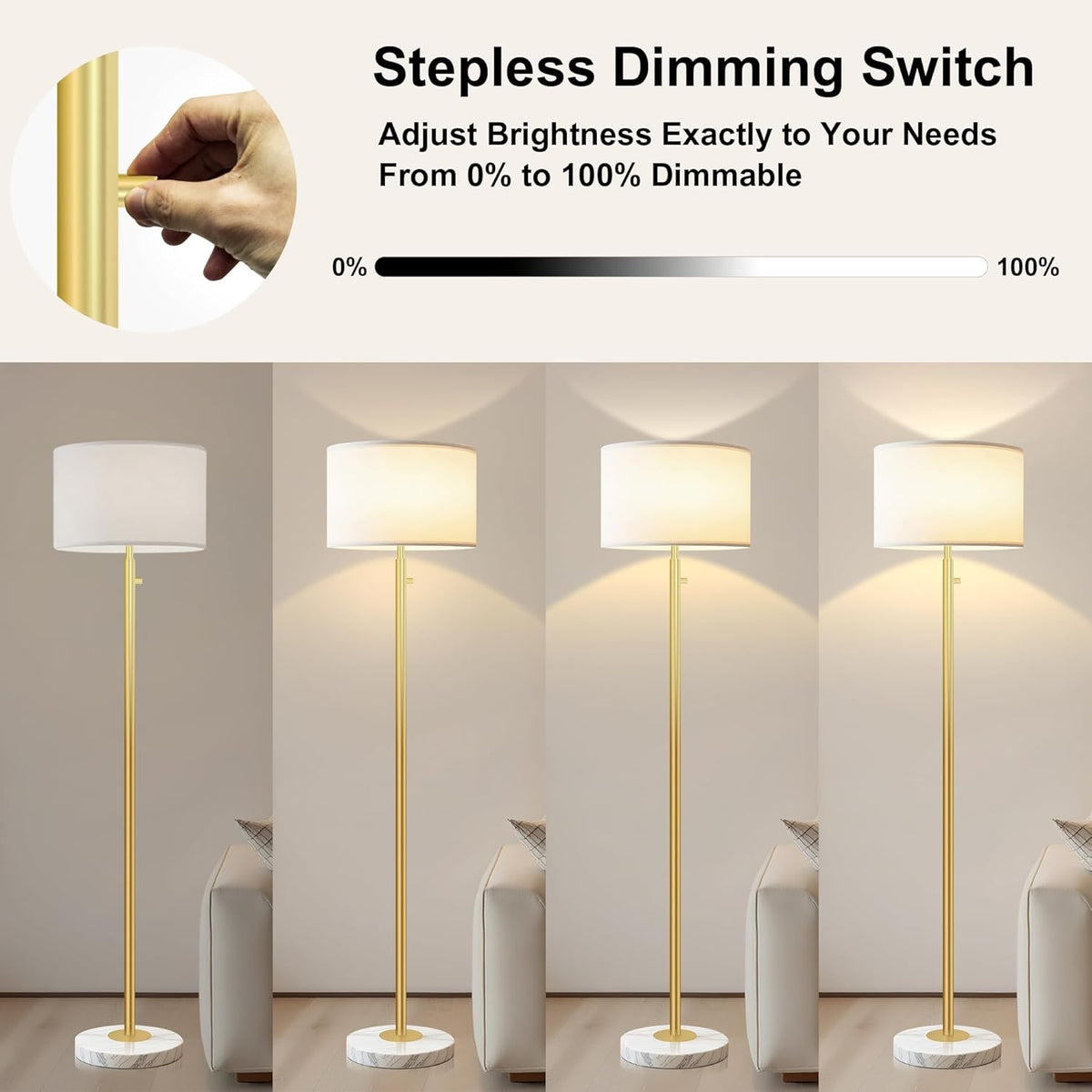 Floor Lamp for Living Room,Dimmable Gold Floor Lamp,Modern Standing Lamp with Marble Base,Tall Standing Lamp for Bedroom, Reading,Office & Kids' Room,LED Bulb Included(Gold)