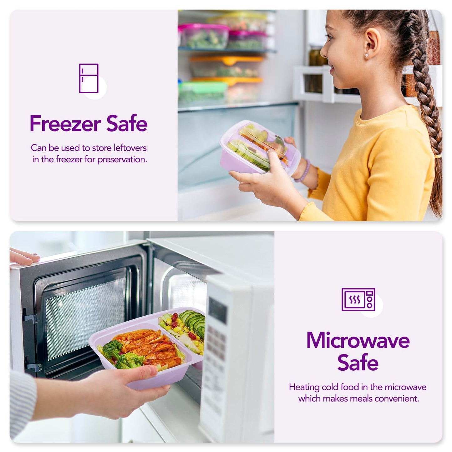 Glotoch 50 Pack Purple Meal Prep Containers Reusable 2 Compartments, Glotoch 32OZ to Go Containers for Food, Disposable Plastic Food Containers with Lids for Microwave Dishwasher Freezer Safe