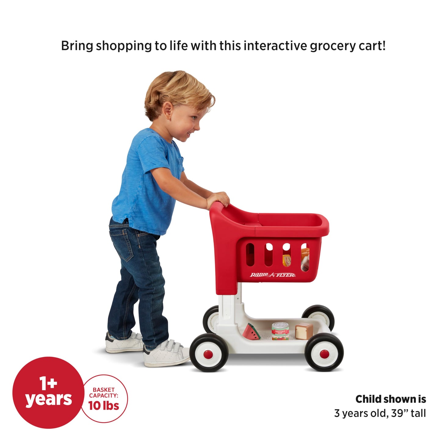 Radio Flyer Scan & Sort Shopping Cart, Red, for Kids 1+, Interactive Baby Walker with Lights & Adjustable Sound, Includes 6 Play Food Items, Adjustable Height Baby Push Walker, for Indoor Play
