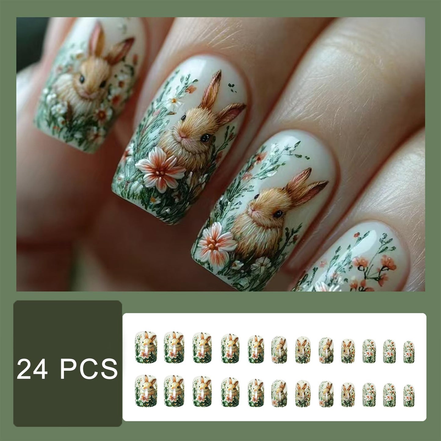 Easter Embossed Press on Nails Medium Square Fake Nails 3D Cute rabbit False Nails Forest Theme Rabbit Acrylic Stick on for Women Girls Easter Manicure Decoration 24Pcs