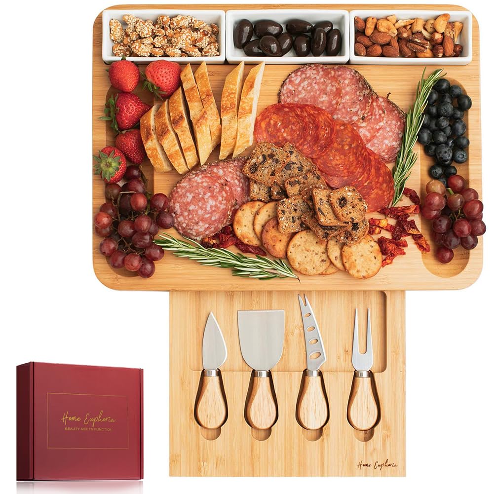 Home Euphoria Large Bamboo Charcuterie Board and Knife Set - Cheese Board with Bowls, Beautiful Gift for Mom