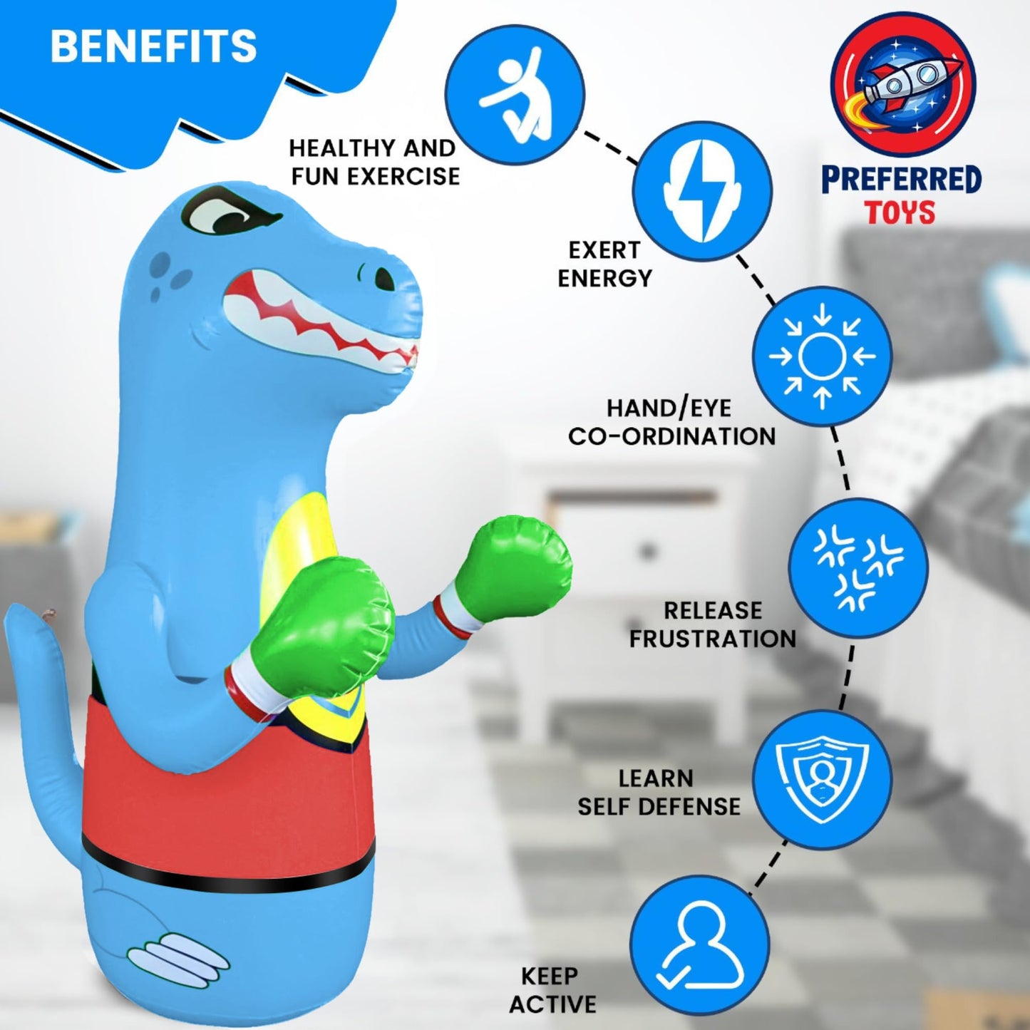 Inflatable Punching Bag for Kids - Bop Bag Inflatable Punching Toy - Inflatable Dinosaur with Instant Bounce Back Movement - Bottom Space Can Use Either Sand or Water (47” Height)