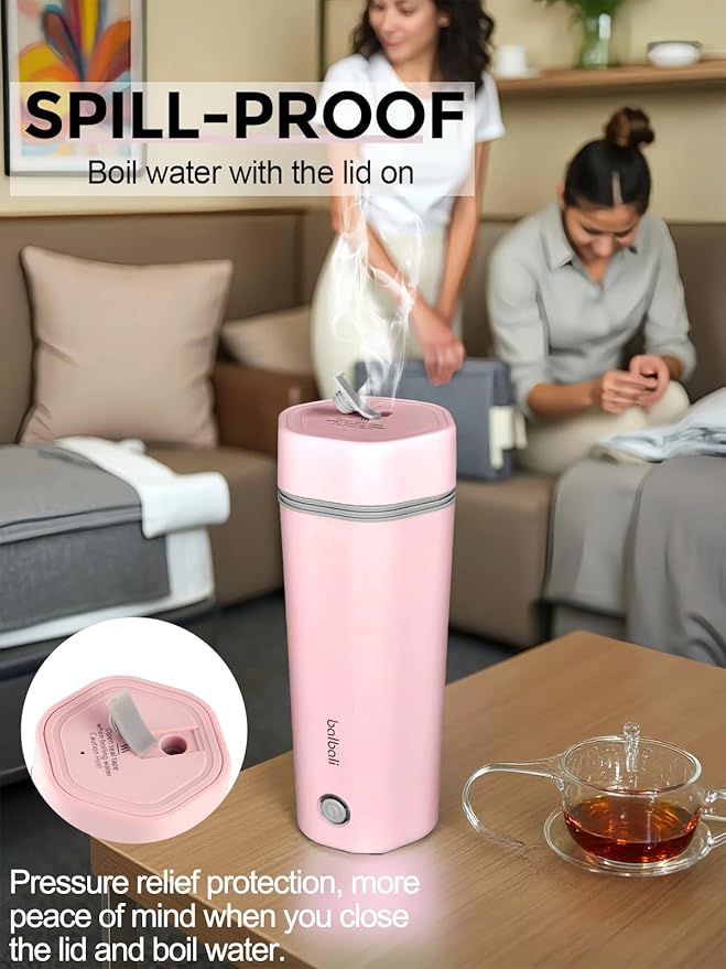 balbali Travel Kettle - 12oz Portable Electric Kettle for Boiling Water - Self Heating Cup/Thermos - Single Size Personal Tea Maker -Hot Water Boiler/Heater/Warmer - Pink
