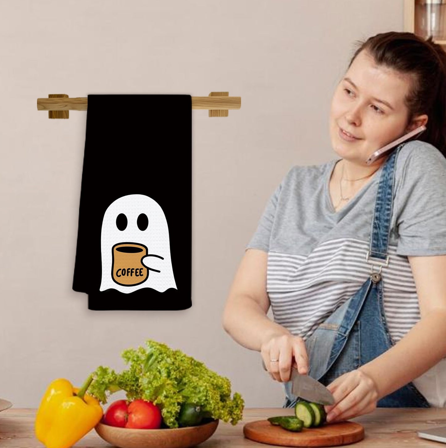 OSLYSOF Halloween Coffee Ghost Kitchen Towels, Ghost Gifts for Lovers Women Dish Tea Towels, Dark Academia Gothic Halloween Hand Towel for Coffee Bar Station Decor, 16x24 Inch