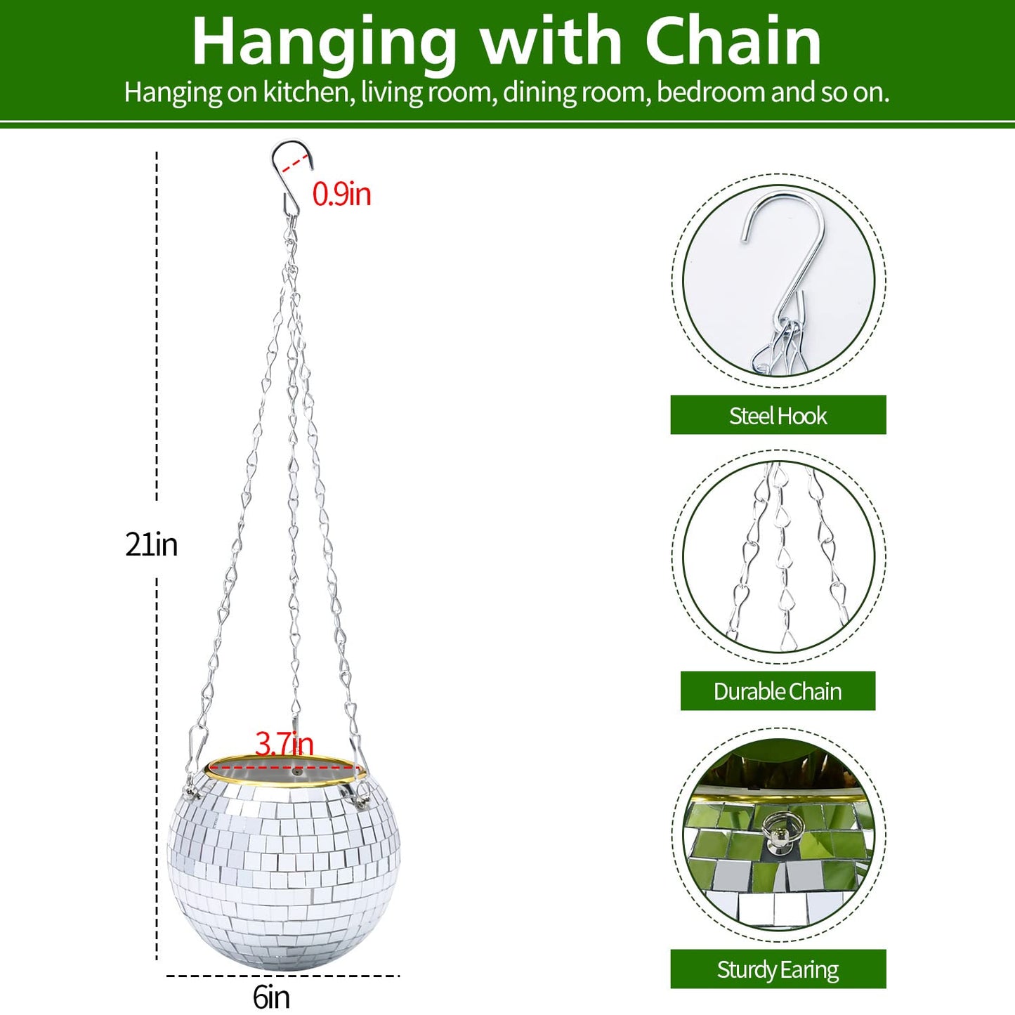 FGBNM 6" Disco Ball Planter, Disco Ball Plant Hanger with Hanging Rope, Hanging Chain, Hook, Circle and Extra Mirror Pieces