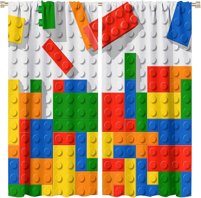Building Blocks Toy Curtain Rod Pocket Children's Nursery Abstract Outline Colorful Plastic Toy Brick Geometric Print Pattern Curtain Boys Girls Bedroom Playroom 2 Panels 84x84in