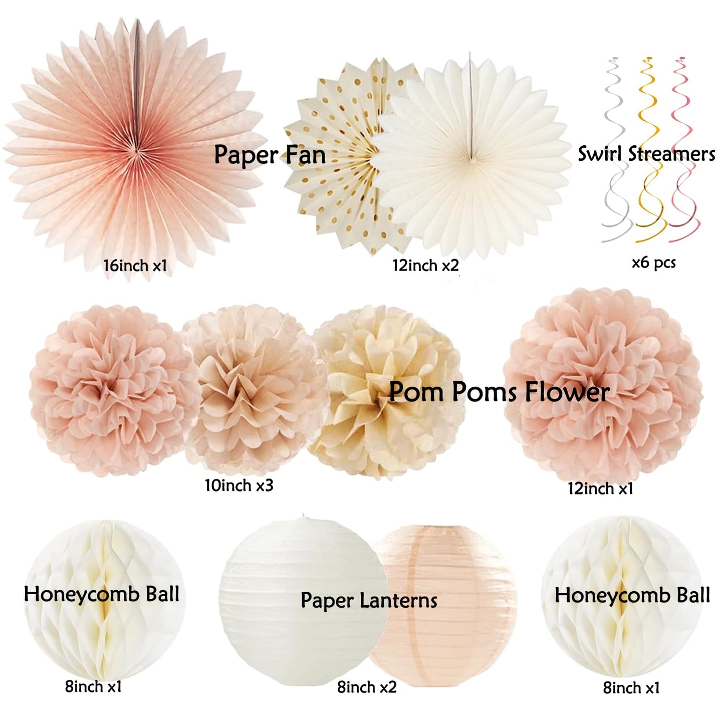 Champagne-Gold Beige Fall Boho Birthday Party Decorations 62pcs Happy Birthday Banner, Peach White Paper Lanterns, Streamers, Tissue Pom Poms, Blush Beige Boho Party Balloons, Rustic Backdrop Decor