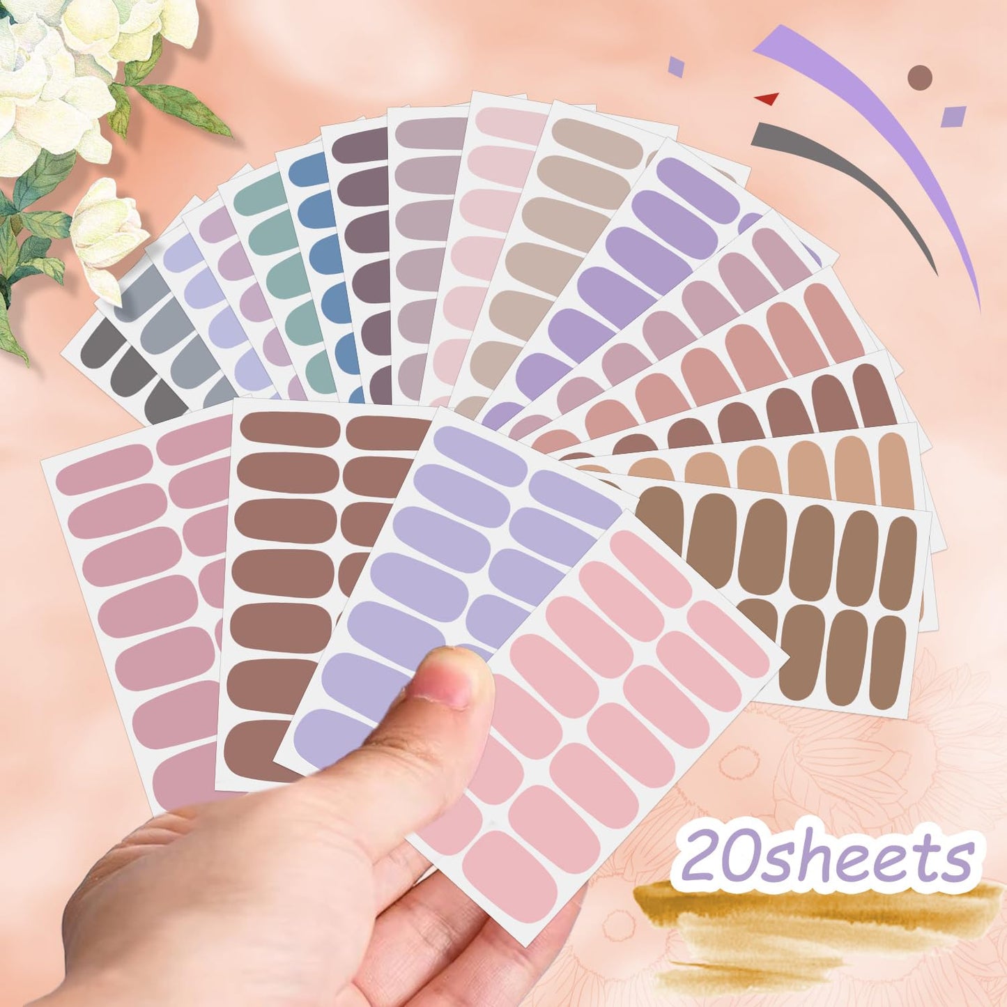 DANNEASY 20 Sheets Nail Stickers Full Nail Wraps Light Solid Color Nail Polish Strips for Women Gel Nail Strips Self-Adhesive Fingernails Manicure Sticker Nail Art with Nail File, Cuticle Stick