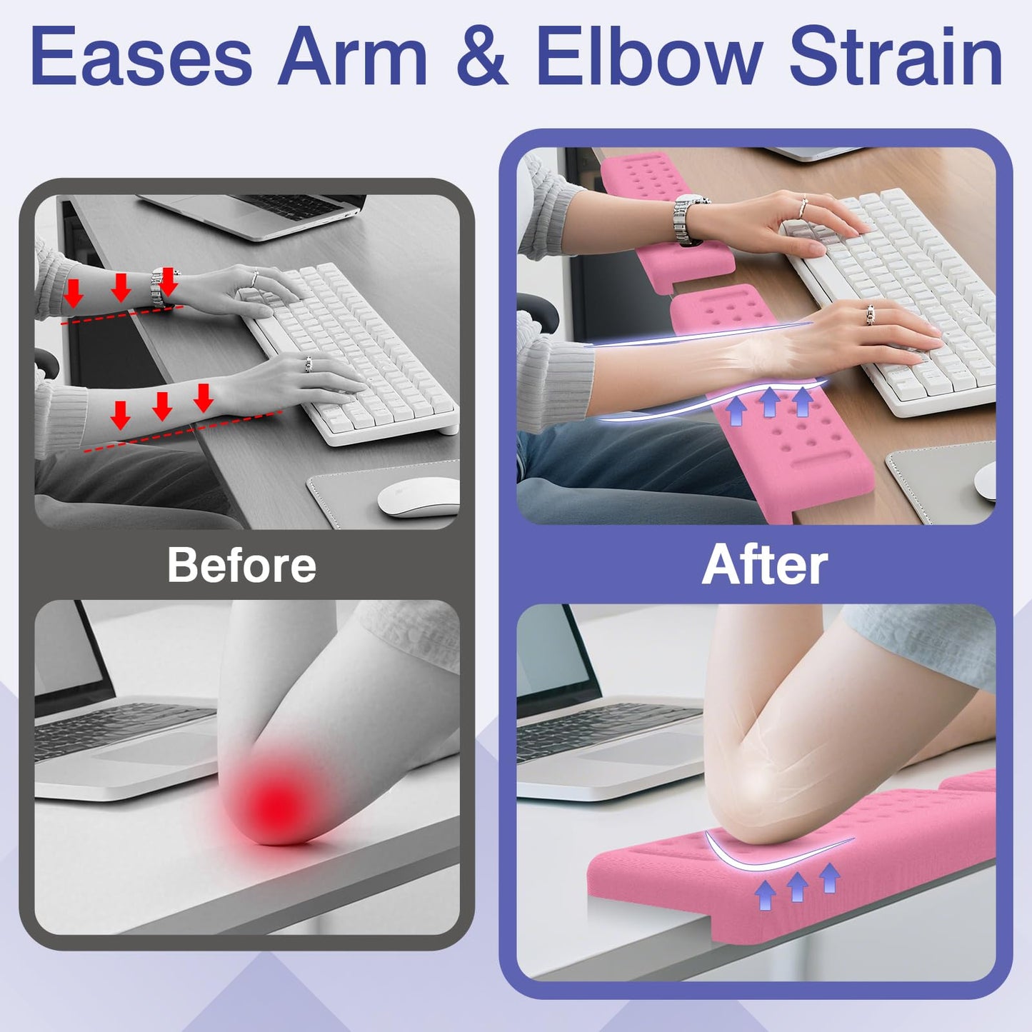 Retuhapy L-Shaped Desk Edge Cushion, 2 PCS Elbow Rest for Desk with Ergonomic Support, Memory Foam Elbow Pad & Arm Rest for Palm, Wrist & Forearm, Non-Slip & Separate Design, Office & Home, Pink