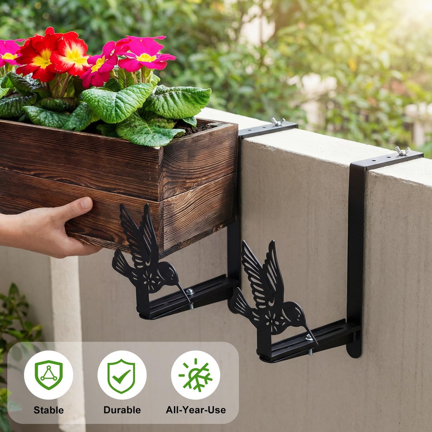 Chumia 4 Pcs Window Box Brackets Adjustable Planter Box Brackets for Railing with Hummingbird Heavy Duty Iron No Drill Flower Pot Holders for Outdoor Fence Balconie Patio Garden