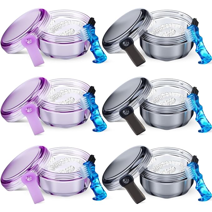 Sieral 6 Pcs Denture Case, Leak Proof Denture Bath Cup for Travel, False Teeth Container Cups for Soaking Full & Partial Dentures, Retainers, False Teeth Cleaning Kit Holder Box with Cleaner Brush