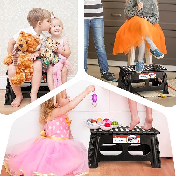 ACSTEP Foldable Step Stool for Kids and Adults,15-Inch Extra Wide 9-Inch Height (2 Pack) More Safe and Comfortable Holds Up to 300 lbs Folding Step Stool for Bathroom, Garden, Kitchen（Black）