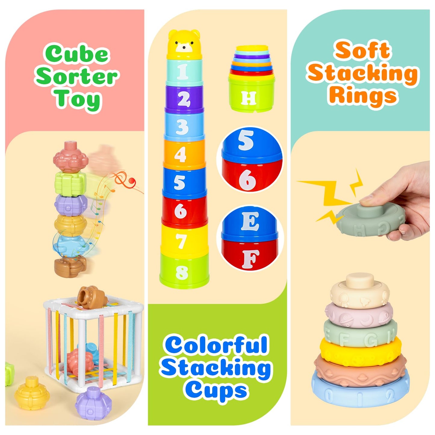 GJOF2YK 6 in 1 Montessori Toys for Babies Newborn Stacking Block Soft Infant Ring Shape Learning Sensory Bin Pull String Teething Toy Tissue Box for Toddlers 18M+ 2 3 Year Old Boy Girl Gift