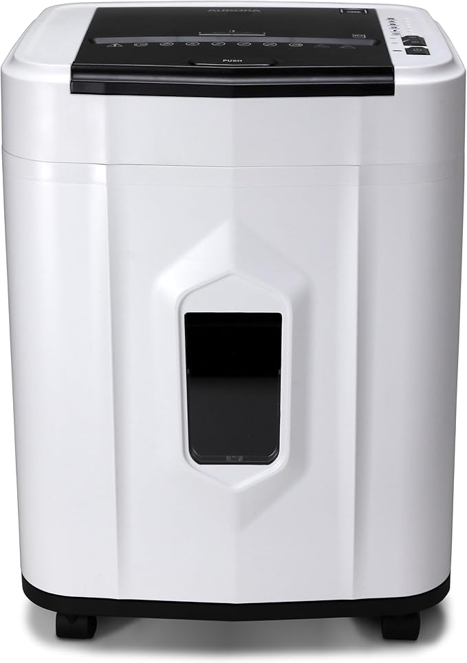 Aurora Professional Grade 120-Sheet Auto Feed Micro-Cut Paper and Credit Card Shredder with 5 Gallon Pullout Basket / 30 Minutes/Security Level P-4 (White/Black)