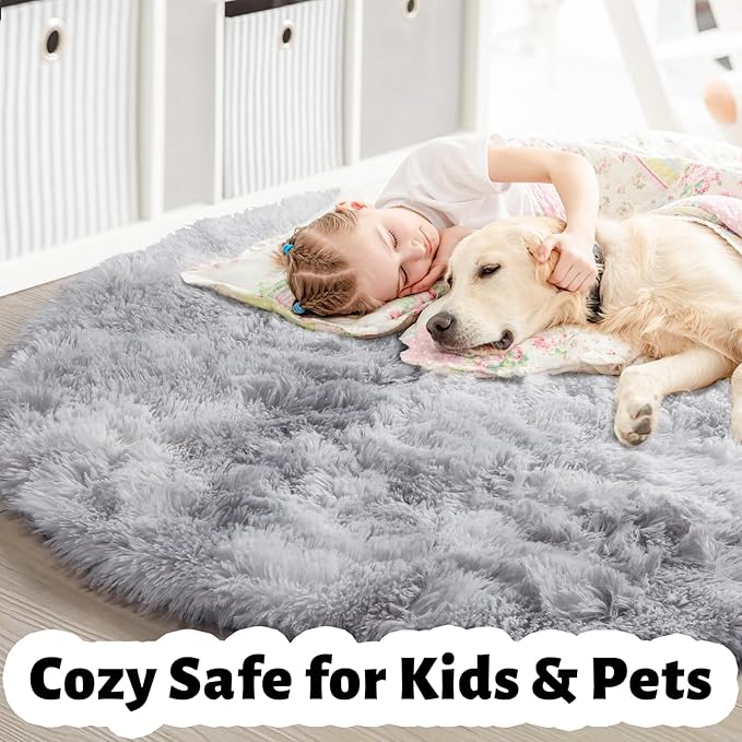 Amdrebio Tie-Dye Light Grey Round Circle Area Rugs 5Ft for Living Room Bedroom, Soft Fluffy Fuzzy Shag Rug for Kids Room Home Office, Furry Plush Indoor Floor Shaggy Gray Carpet for Baby Nursery Dorm
