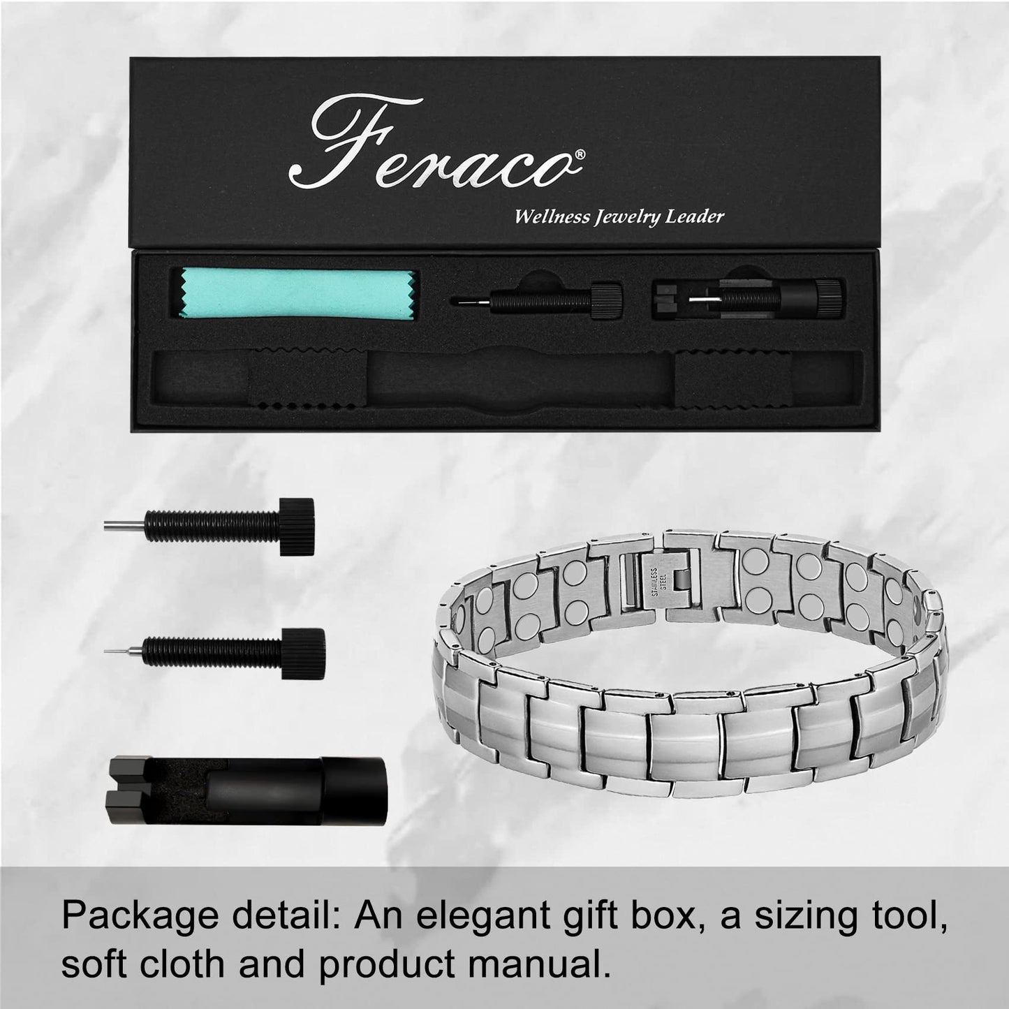 Feraco Magnetic Bracelet for Men Titanium Steel Bracelets with Double Row Magnets Adjustable (Silver)