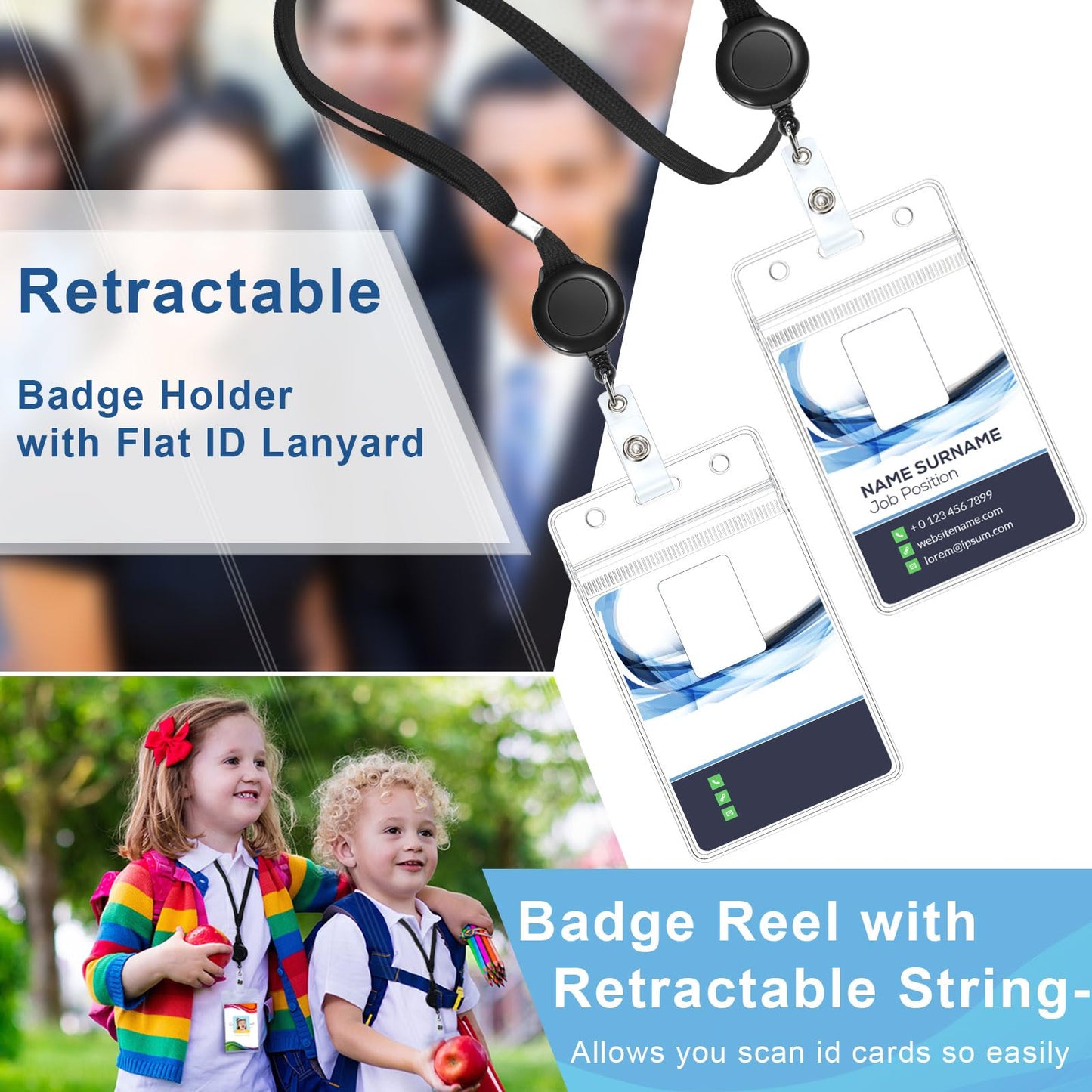 Marspark 200 Pcs Black Name Tag Lanyard with ID Holder Include Flat Lanyard with Retractable Badge Reel and Clear Vertical Card for Offices(Black,100 Set)