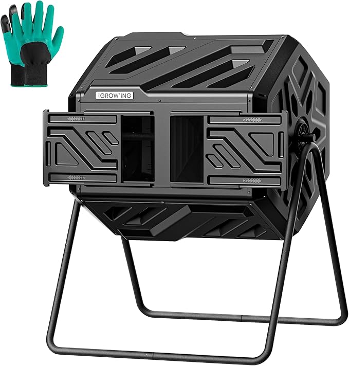 THEGROW'ING Updated 43 Gallon Compost Bin Outdoor, Fast Assemble Tumbling Composter, Dual Chamber Composter Tumbler, Rotating Compost Bin for Outside, Backyard, Garden and Yard, Black