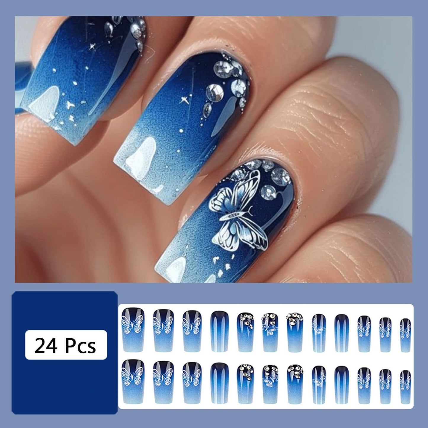 Gradient Blue Press on Nails Medium Square Fake Nails with Butterfly Designs Spring False Nails Rhinestones Acrylic Nails Glossy Glue on Nails Full Cover Stick on Nails for Women 24Pcs