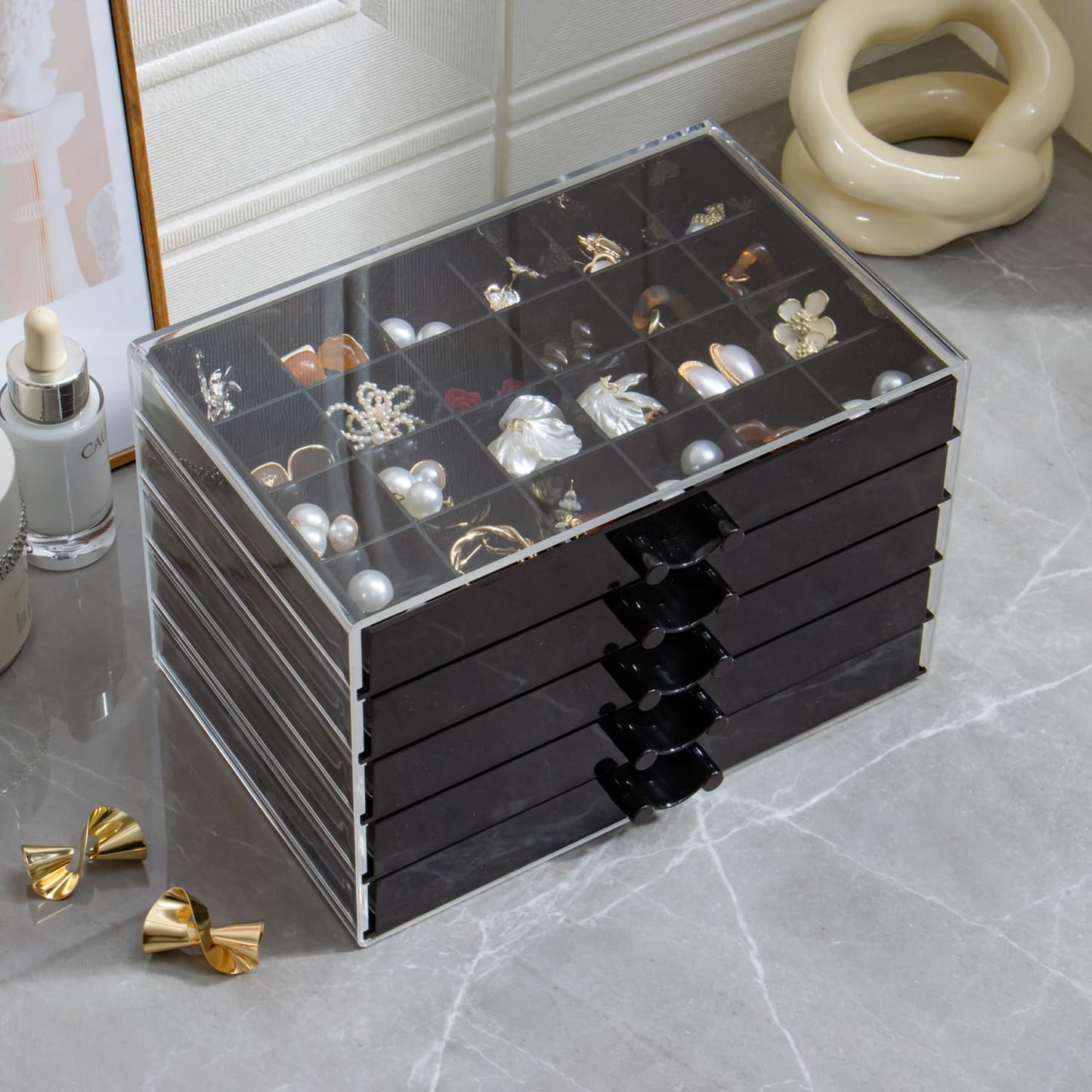 YUFONG Earring Storage Box Organizer, Acrylic Jewelry Storage Box Holder 5 Drawers Transparent Jewelry Display Stand with 120 Small Compartments Gift Boxes for Women Girls (Black)
