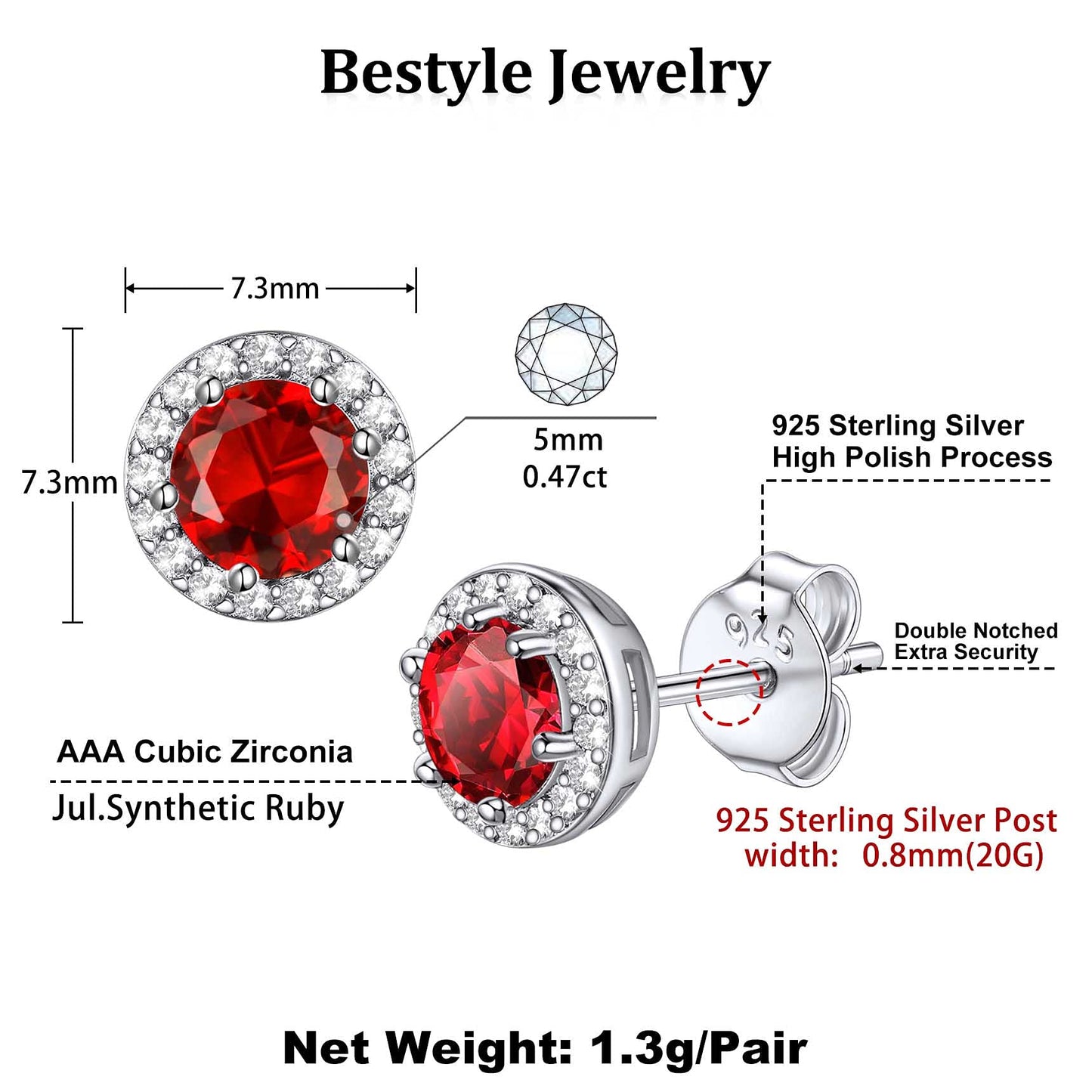 Bestyle Brilliant Created July Ruby CZ Birthstone Earrings 925 Sterling Silver Earrings for Women