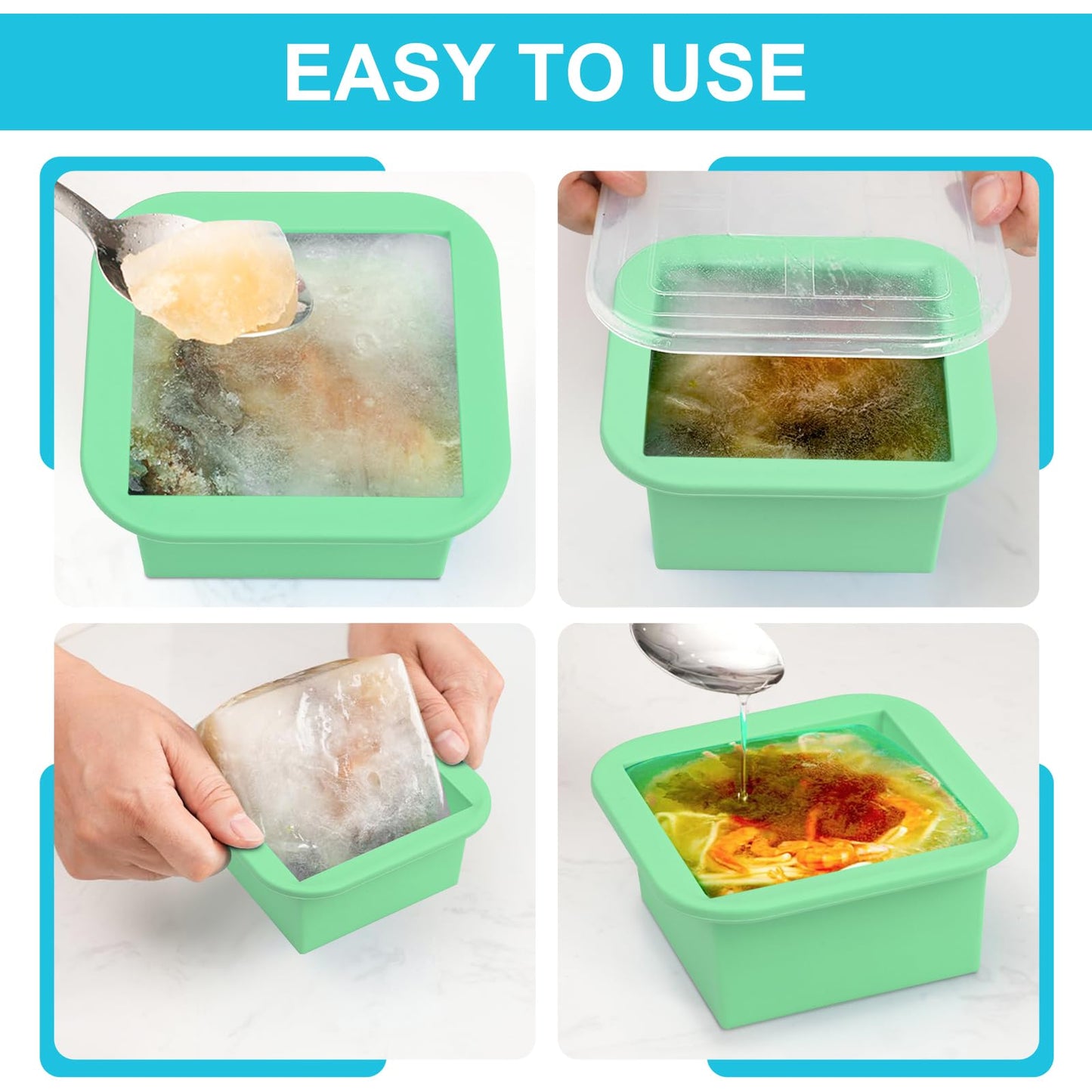 Silicone Freezer Tray with Lid 4 Pack Silicone Freezer Molds Ice Cube Tray Makes 4 Perfect 2 Cup Portions Soup Cubes Meal Prep Containers- Oven & Dishwasher Safe