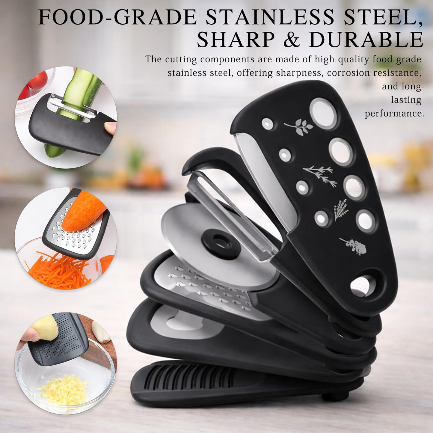6-Piece Unique Kitchen Gadget Set in Black, Stackable Space-Saving Tools Including Grater, Peeler, Pizza Cutter, and Bottle Opener