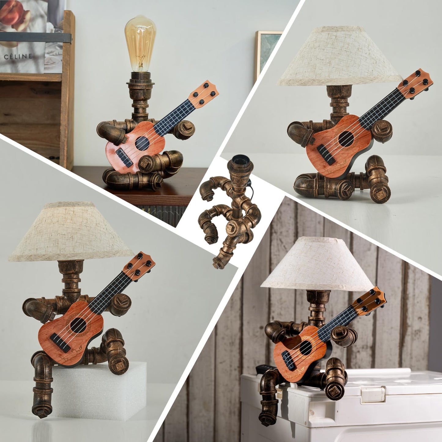Lovefindahome Vintage Industrial Robot Guitar Table Lamp with Bulb - Remote Control,Timer,Dimmable - Cool Gifts for Music Lovers,Men,& Musicians - Steampunk & Retro Style Bronze