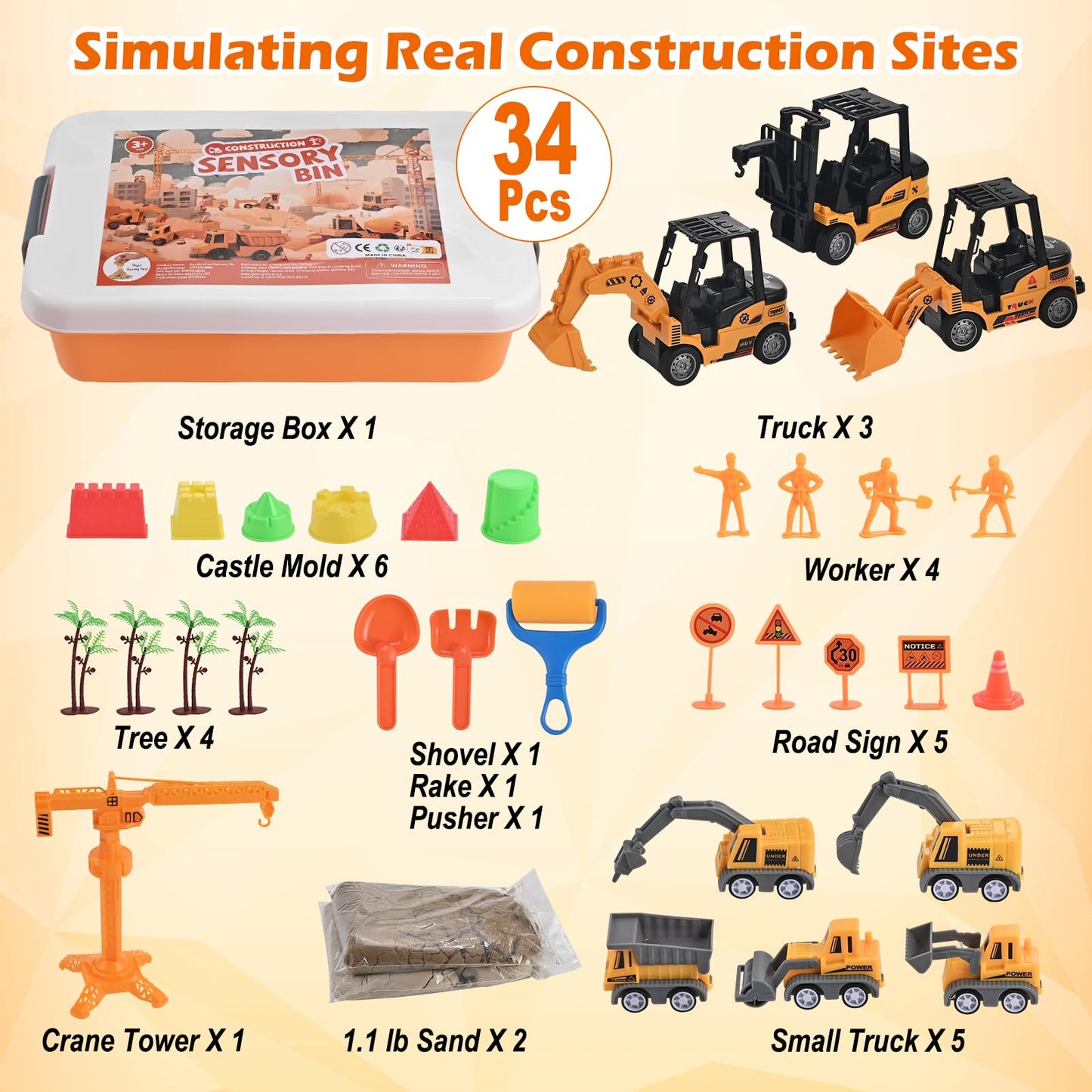 34Pcs Sand Construction Site Kit Sensory Bin Toy for Toddler with 8 Vehicles, 6 Castle Molds, 5 Road Signs, 4 Worker Figures, 2.2lbs Sand, Learning Sand Toys Birthday Gift for Kids Boys Ages 3 4 5