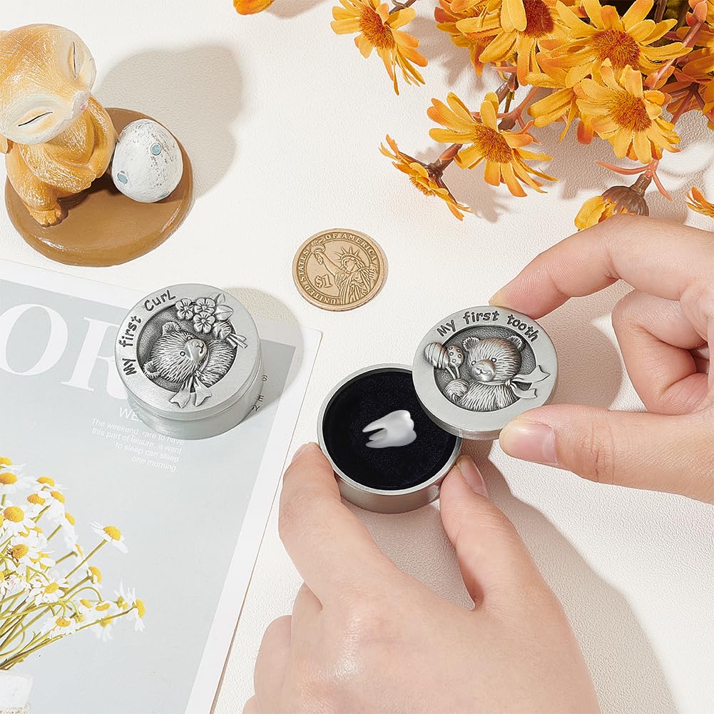 FINGERINSPIRE 2 PCS My First Curl & Tooth Bear Keepsake Box - 1.3inch Inner Size Antique Silver Baby Teeth Collection for Childhood Memory, Alloy Tooth Holder and Curl Organizer Set