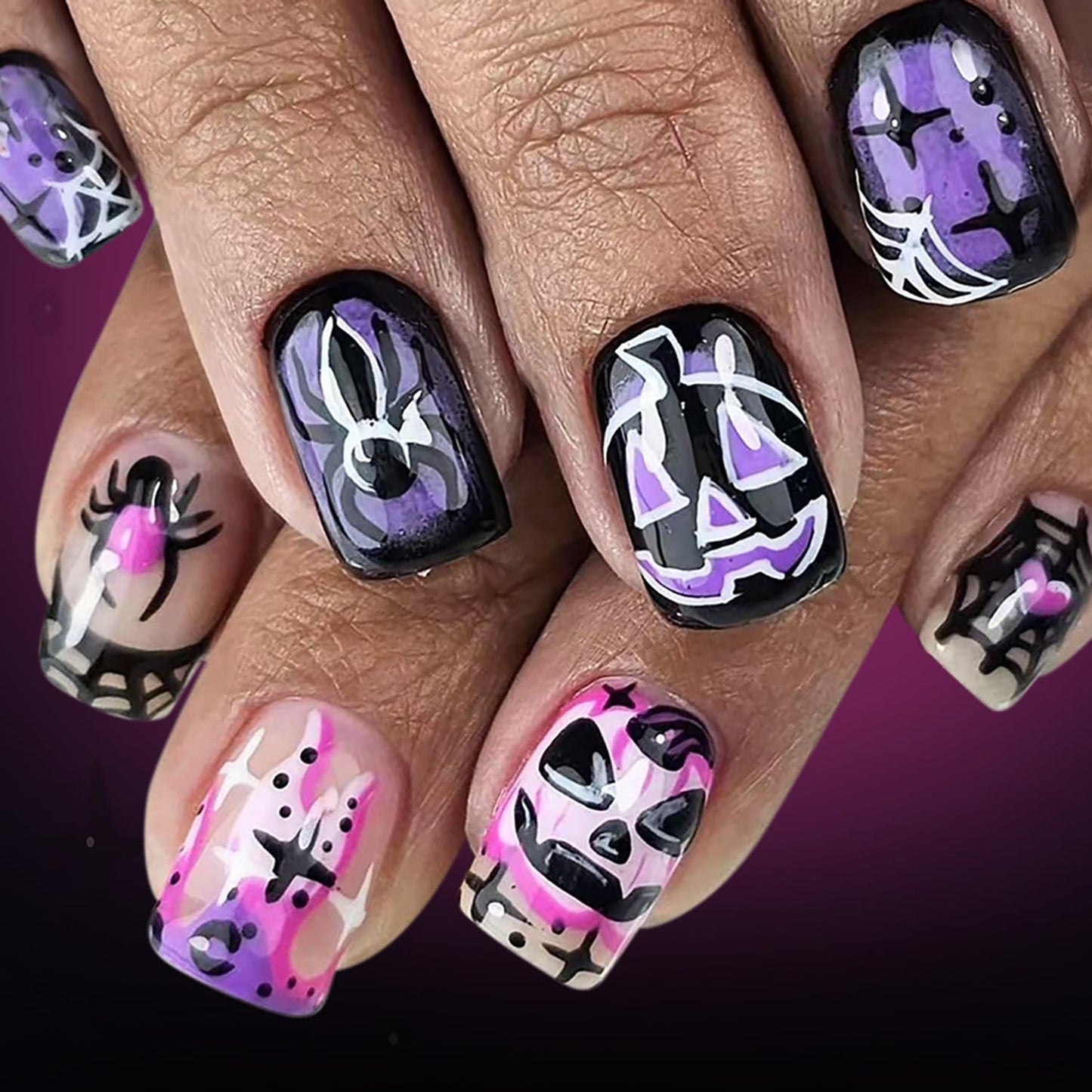 CJDLTS 24Pcs Halloween Press on Nails Short Square Spider Pumpkin False Nail Acrylic Artificial Fingernails Heart Spider Web Flame Design Full Cover Glossy Festival Stick on Nails for Women Supplies