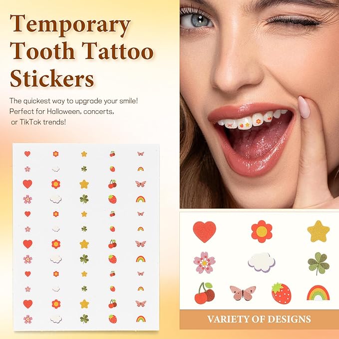 WATRZ 260 Teeth Gem Kit,Tooth Gems for Teeth DIY Crystals 7 Shapes with 200 Round Crystals Multicolor Butterfly Love for Girls Harmless