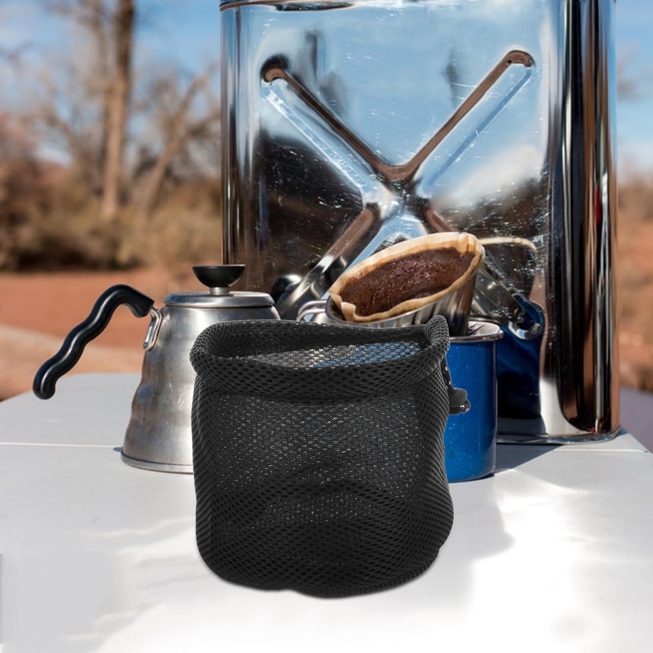 BESPORTBLE Camping Storage Bag Lightweight Mesh Organizer for Cooking Utensils Cups Kettles Portable Round Bottom Outdoor Kitchen Essentials