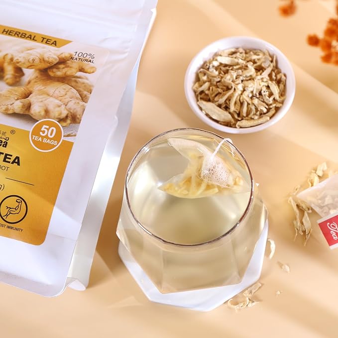 FullChea - Ginger Tea Bags, 2g*50 Teabags - Premium Ginger Root Tea Bag - Warm & Spicy - Non-GMO - Caffeine-free - Support Digestion & Boost Immunity