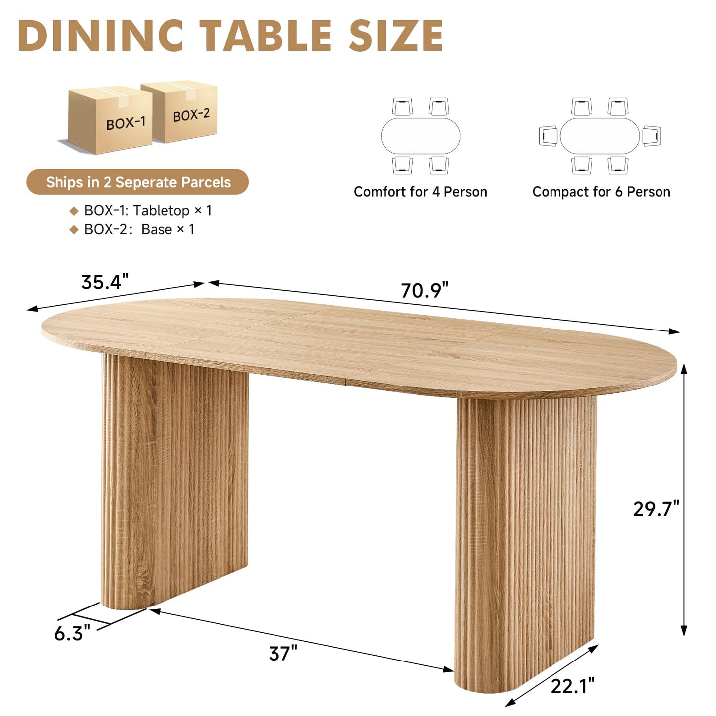 Lecafur HL 70.9" Large Dining Table for 4-6, Rounded Edges, Fully Assembled Table Base, Modern Wood Kitchen Dinner Table, Easy Setup, Natural