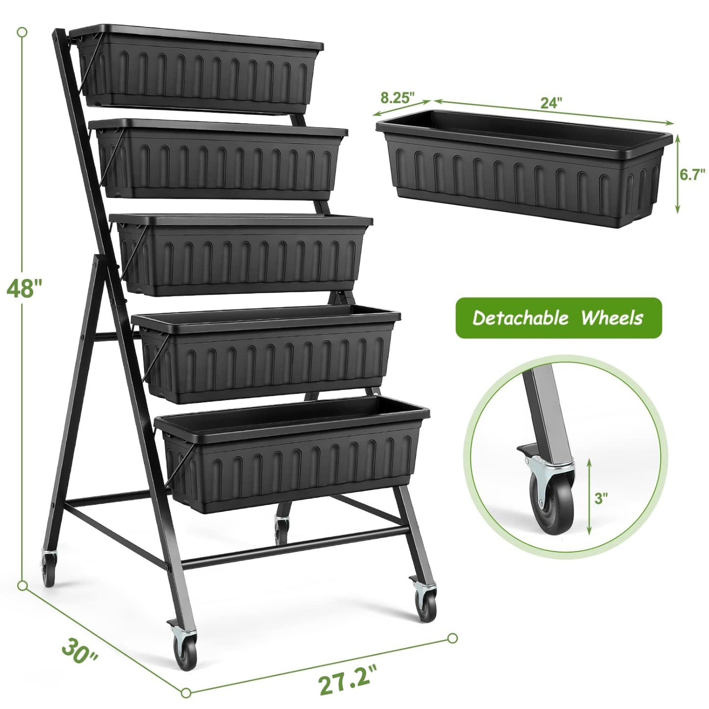 SEJOV 4FT Vertical Raised Garden Bed, 5-Tier Vertical Garden Planter with Drainage System, Larger Elevated Planter Box for Herb Vegetables Flowers Indoor Outdoor Planters (Black with Lockable Wheels)
