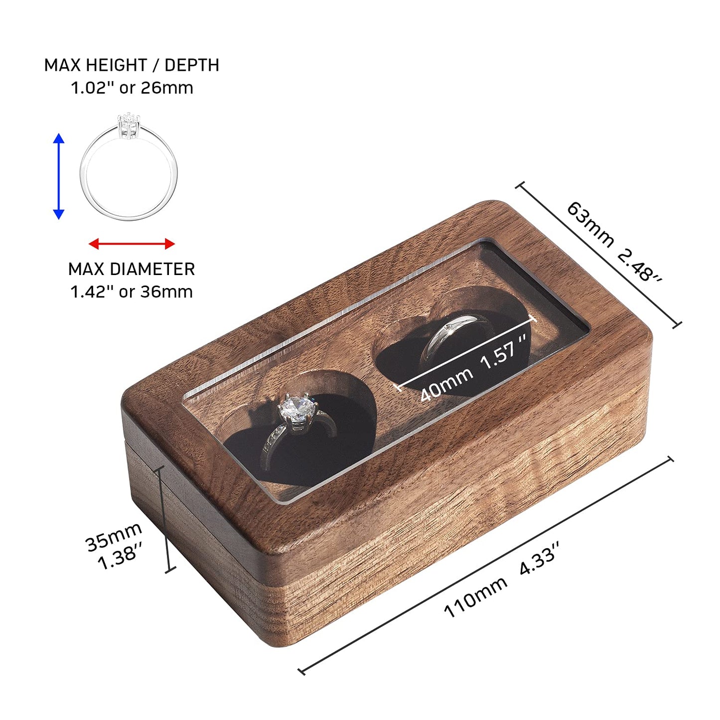 Wislist Double Ring Box for Wedding Ceremony, Walnut Wooden Heart-shaped Ring case for Wedding and Engagement (Walnut)