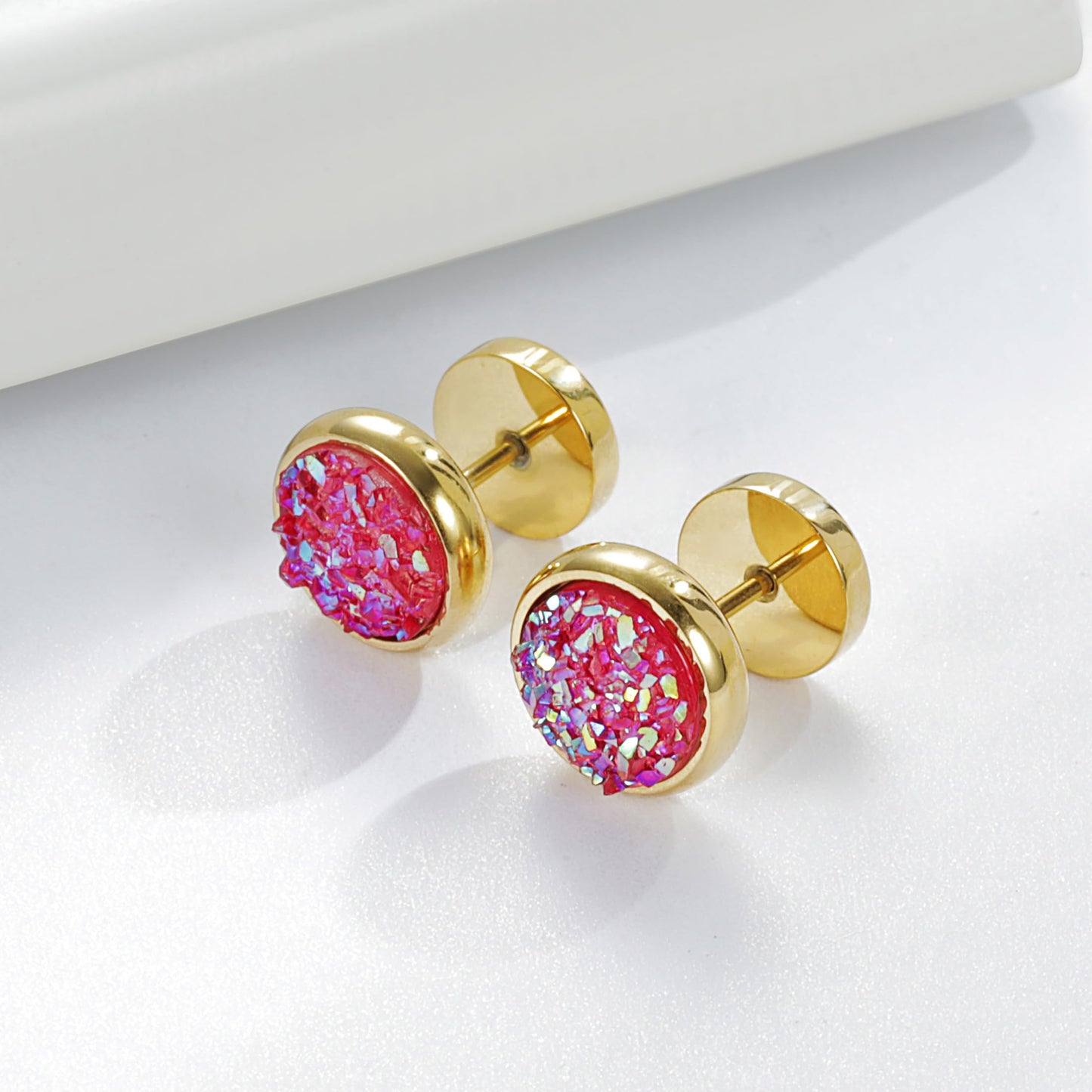 Women Men Flat Back Stud Earrings Non-Nickel Crystal Stone Earrings Titanium Stainless Steel Hypoallergenic Cartilage Earrings Stud for Sensitive Ears(Pink-gold)
